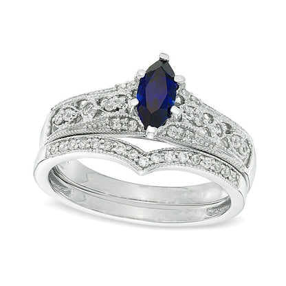 Braut-Set mit Marquise-Labor-Saphir in Blau und Diamant 0,2 ct. Gesamtgewicht im Vintage-Stil aus 10K Weißgold