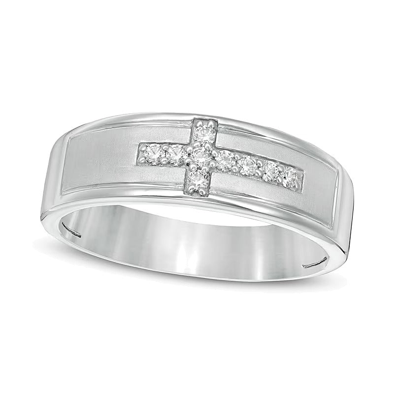 0.13 ct. Gesamtgewicht Diamant Ehering mit liegendem Kreuz in rhodiniertem Sterlingsilber