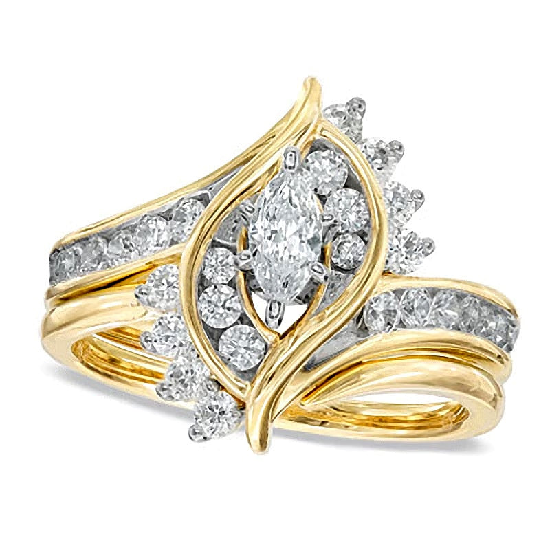 Braut-Set mit Marquise- und rundem Diamant 1.0 ct. Gesamtgewicht in 14K Gelbgold