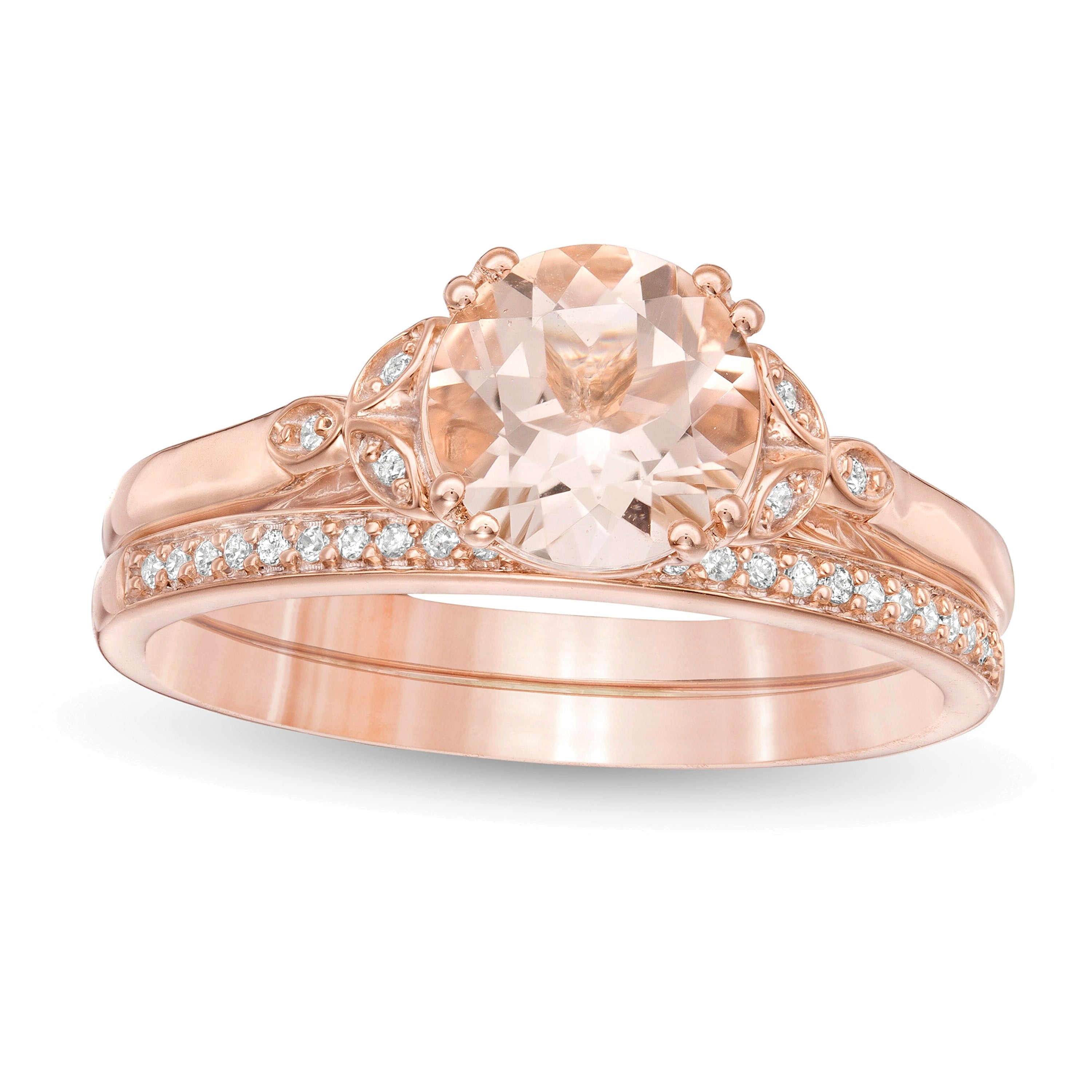 8.0mm Morganit und Diamant 0.1 ct. Gesamtgewicht Braut-Set mit Blattmotiv-Seiten in 10K Roségold
