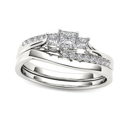 0.5 CT. Gesamtgewicht Braut-Set mit Diamanten im Princess-Schliff, Dreistein-Bypass, in 14K Weißgold