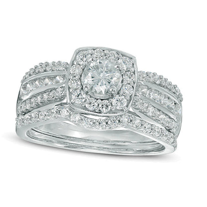 1.1 ct. Gesamtgewicht Diamant Braut-Set mit Kissenschliff-Halo und mehrreihiger Fassung in 10K Weißgold
