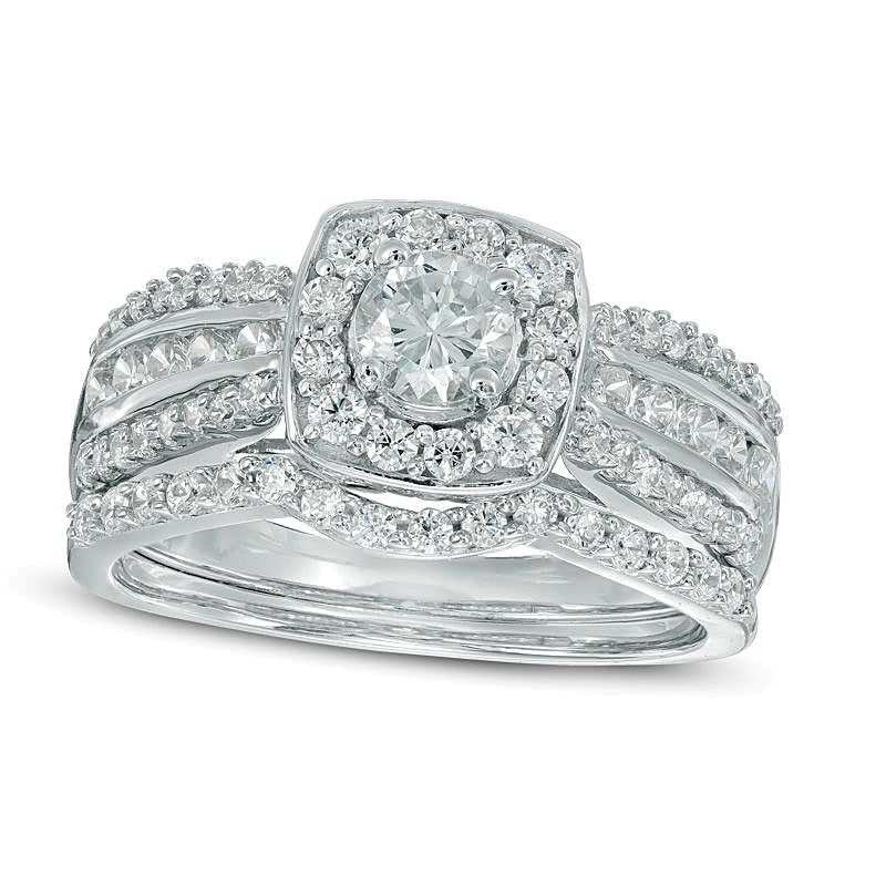 1.1 ct. Gesamtgewicht Diamant Braut-Set mit Kissenschliff-Halo und mehrreihiger Fassung in 10K Weißgold