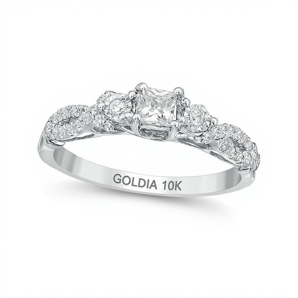 0.38 CT. Gesamtgewicht Diamant-Verlobungsring im Princess-Schliff Dreistein mit Crossover-Schiene in 10K Weißgold