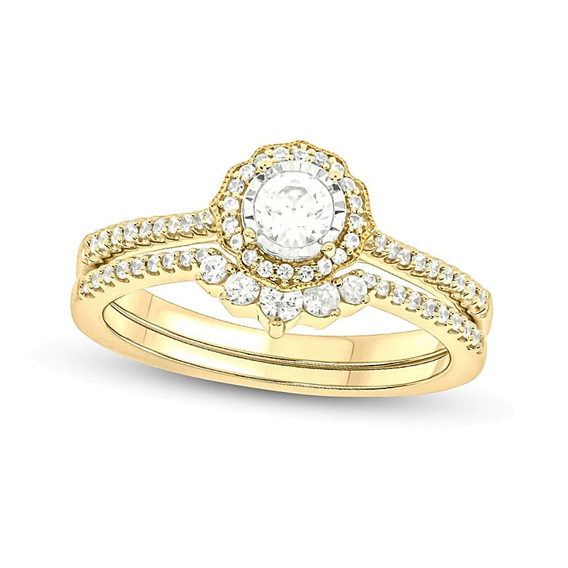 0,5 ct. Gesamtgewicht Diamant Brautset im Vintage-Stil mit Blüten- und Rahmendesign in 10K Gelbgold (I/I2)