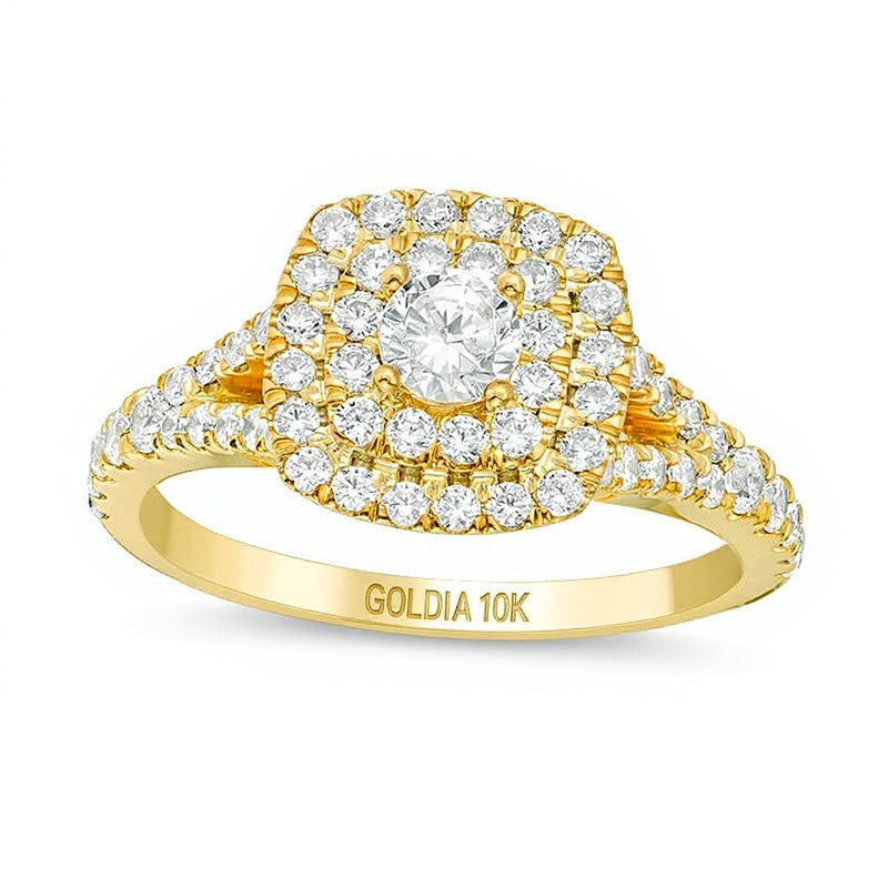 Verlobungsring mit Diamanten im Halo, rund und Kissenschliff, 1.0 ct. Gesamtgewicht, 10K Gelbgold