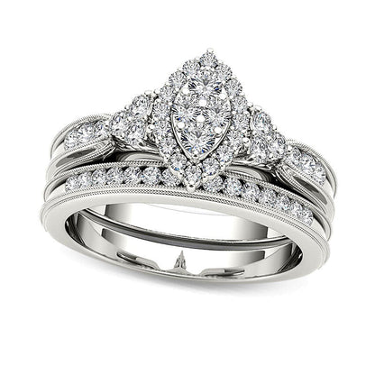 0.5 ct. Gesamtgewicht Komposit-Brautset mit Diamanten im Marquise- und Rundschliff in 14K Weißgold