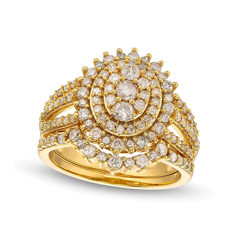 1.25 ct. Gesamtgewicht Braut-Set mit ovalen Diamanten und Sunburst-Halo, geteilter Schiene, in 10K Gelbgold