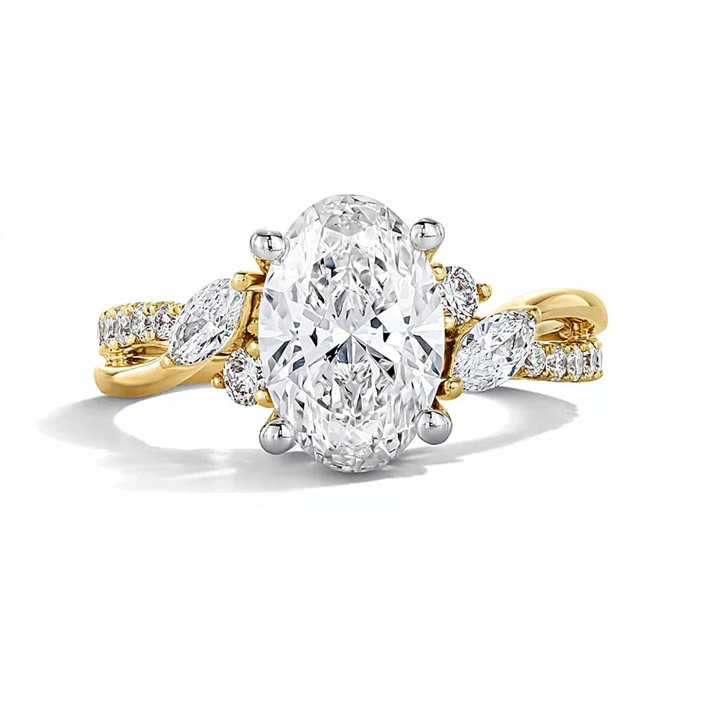 2.38 CT. Gesamtgewicht Solitär mit seitlichem Besatz mit ovalem Labordiamant in 14K Gelbgold (F/VS2)