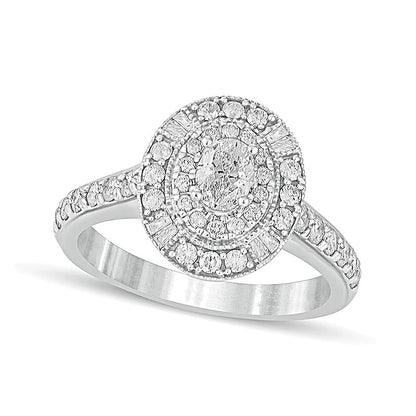 1.0 ct. Gesamtgewicht Verlobungsring Halo mit Diamanten im Oval- und Rundschliff in 14K Weißgold