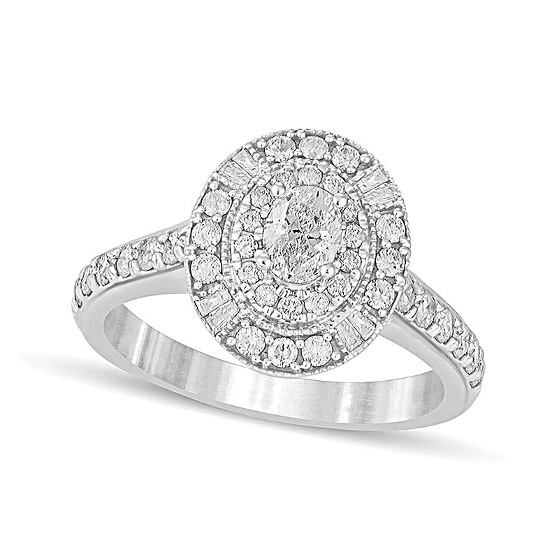 1.0 ct. Gesamtgewicht Verlobungsring Halo mit Diamanten im Oval- und Rundschliff in 14K Weißgold