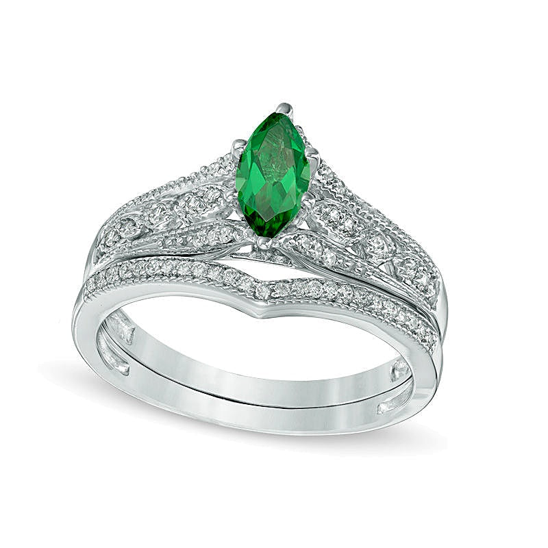 Braut-Set mit Labor-Smaragd im Marquise-Schliff und 0,2 ct. Gesamtgewicht Diamanten in 10K Weißgold