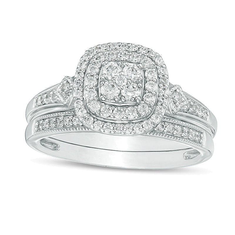 0.5 ct. Gesamtgewicht Komposit-Diamant Brautset mit doppeltem Kissenschliff-Rahmen im Vintage-Stil in 10K Weißgold
