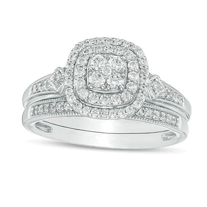 0.5 ct. Gesamtgewicht Komposit-Diamant Brautset mit doppeltem Kissenschliff-Rahmen im Vintage-Stil in 10K Weißgold