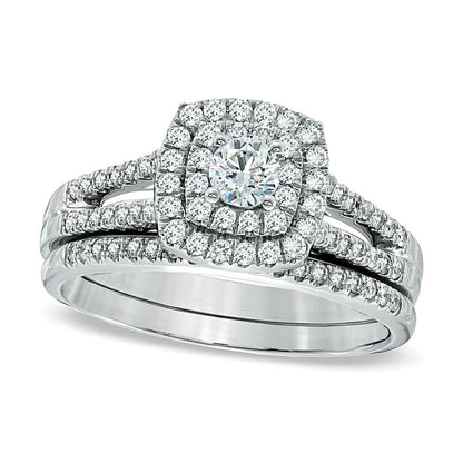 0.75 ct. Gesamtgewicht Diamant Brautset mit doppeltem Rahmen und geteilter Ringschiene in 14K Weißgold