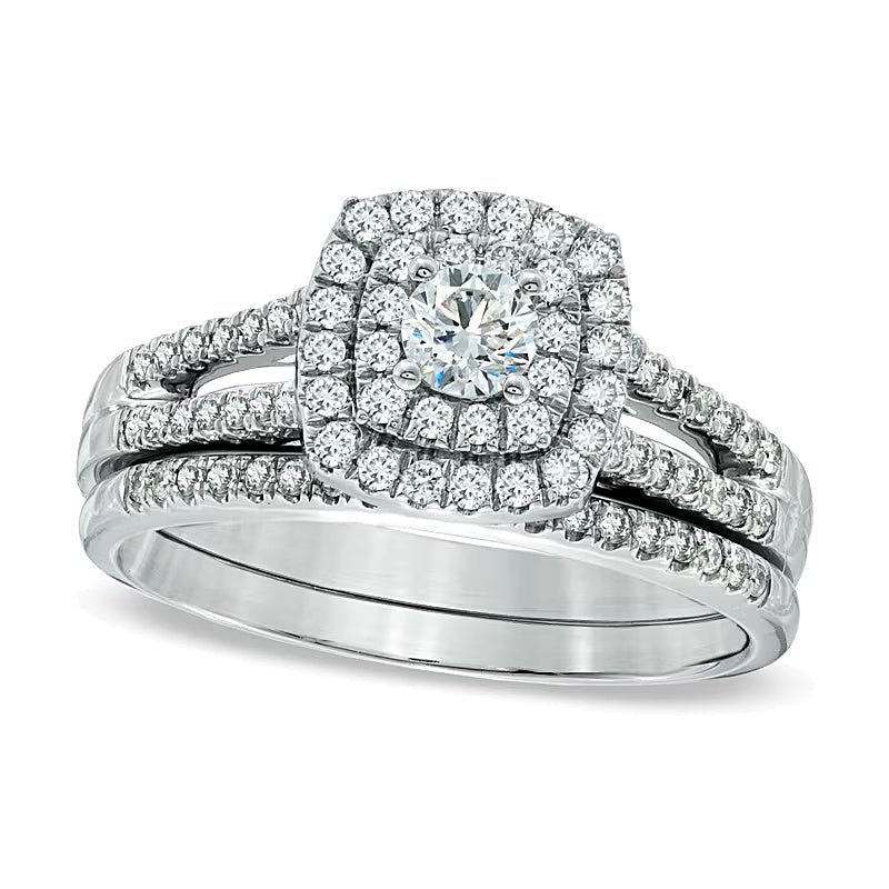 0.75 ct. Gesamtgewicht Diamant Brautset mit doppeltem Rahmen und geteilter Ringschiene in 14K Weißgold