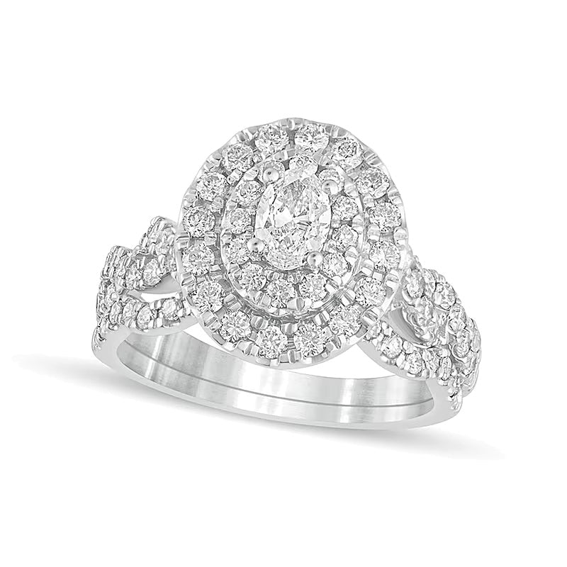 1.5 CT. Gesamtgewicht Braut-Set mit ovalem Diamant, doppeltem Halo und mehrreihigem Design in 10K Weißgold
