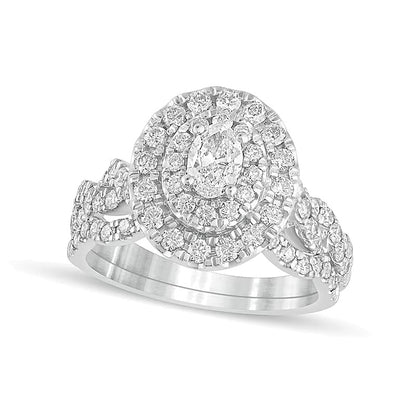 1.5 CT. Gesamtgewicht Braut-Set mit ovalem Diamant, doppeltem Halo und mehrreihigem Design in 10K Weißgold