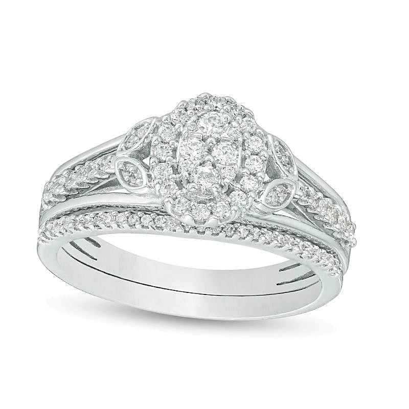 0,5 ct. Gesamtgewicht Braut-Set mit ovalen Komposit-Diamanten und Blattverzierung an den Seiten in Sterlingsilber