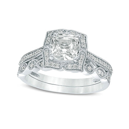 Braut-Set mit Labor-Saphir im Kissenschliff und 0,25 ct. Gesamtgewicht Diamanten im Vintage-Stil aus rhodiniertem Sterlingsilber