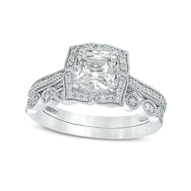 Braut-Set mit Labor-Saphir im Kissenschliff und 0,25 ct. Gesamtgewicht Diamanten im Vintage-Stil aus rhodiniertem Sterlingsilber