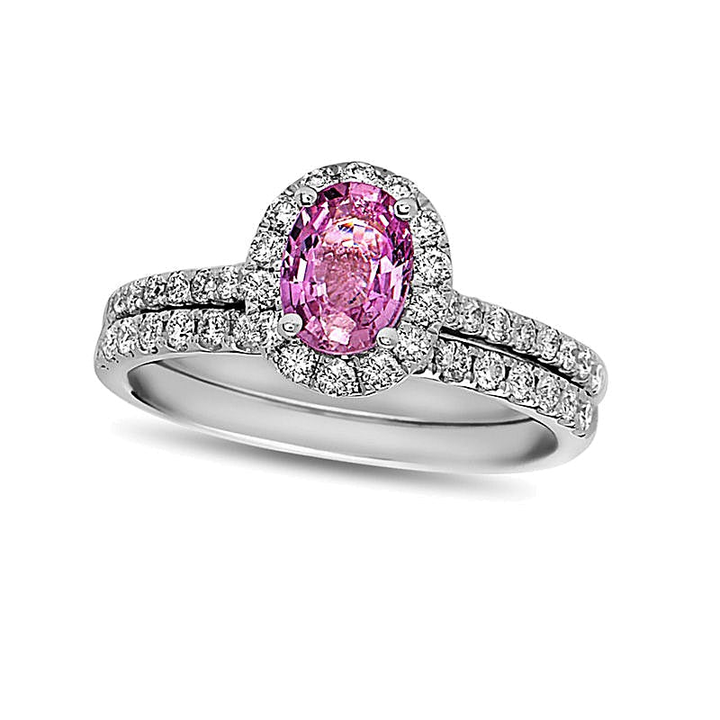 Braut-Set mit ovalem rosa Saphir und Diamant 0,63 ct. Gesamtgewicht in 14K Weißgold