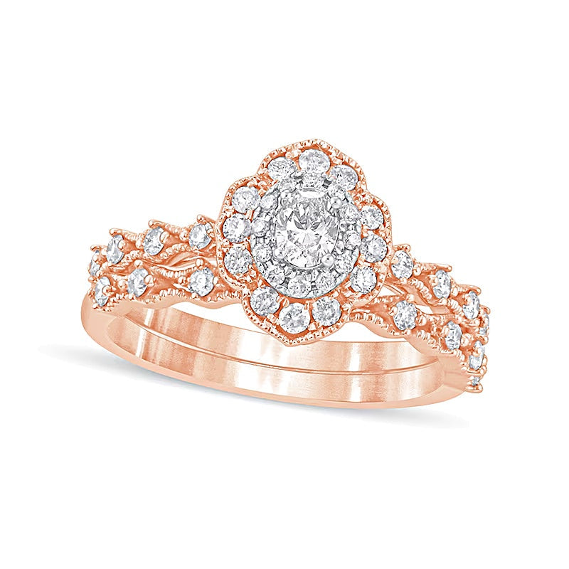 0,63 ct. Gesamtgewicht Braut-Set mit ovalem Diamant im Vintage-Stil in 10K Roségold