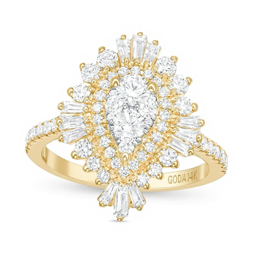 1,5 ct. Gesamtgewicht Komposit-Diamant Cocktail-Ring in tropfenförmigem Starburst-Design aus 14K Gelbgold