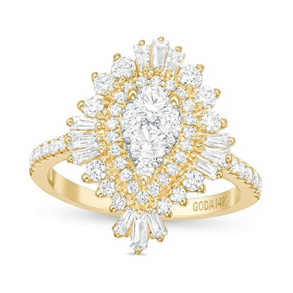 1,5 ct. Gesamtgewicht Komposit-Diamant Cocktail-Ring in tropfenförmigem Starburst-Design aus 14K Gelbgold