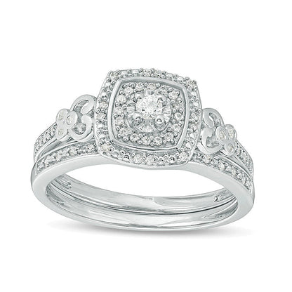 Brautset mit Diamanten 0.25 ct. Gesamtgewicht in rund und Kissenschliff, doppeltem Kissenschliff-Rahmen und Filigran-Design aus rhodiniertem Sterlingsilber