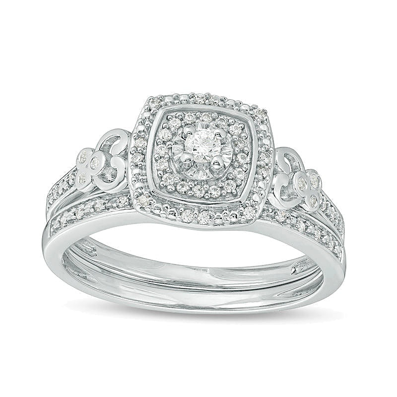 Brautset mit Diamanten 0.25 ct. Gesamtgewicht in rund und Kissenschliff, doppeltem Kissenschliff-Rahmen und Filigran-Design aus rhodiniertem Sterlingsilber
