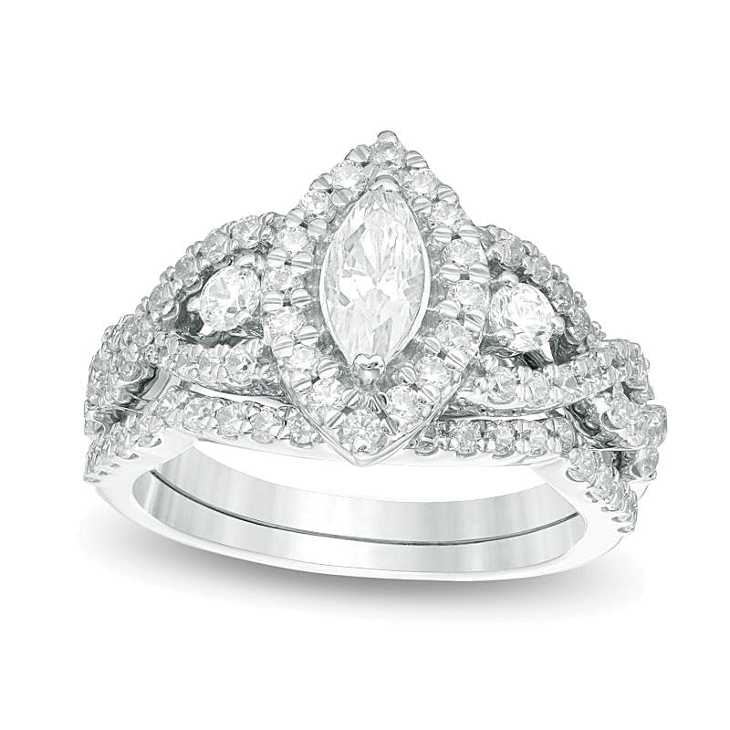 1.5 CT. Gesamtgewicht Marquise Diamant Brautset mit gedrehtem Rahmen in 10K Weißgold
