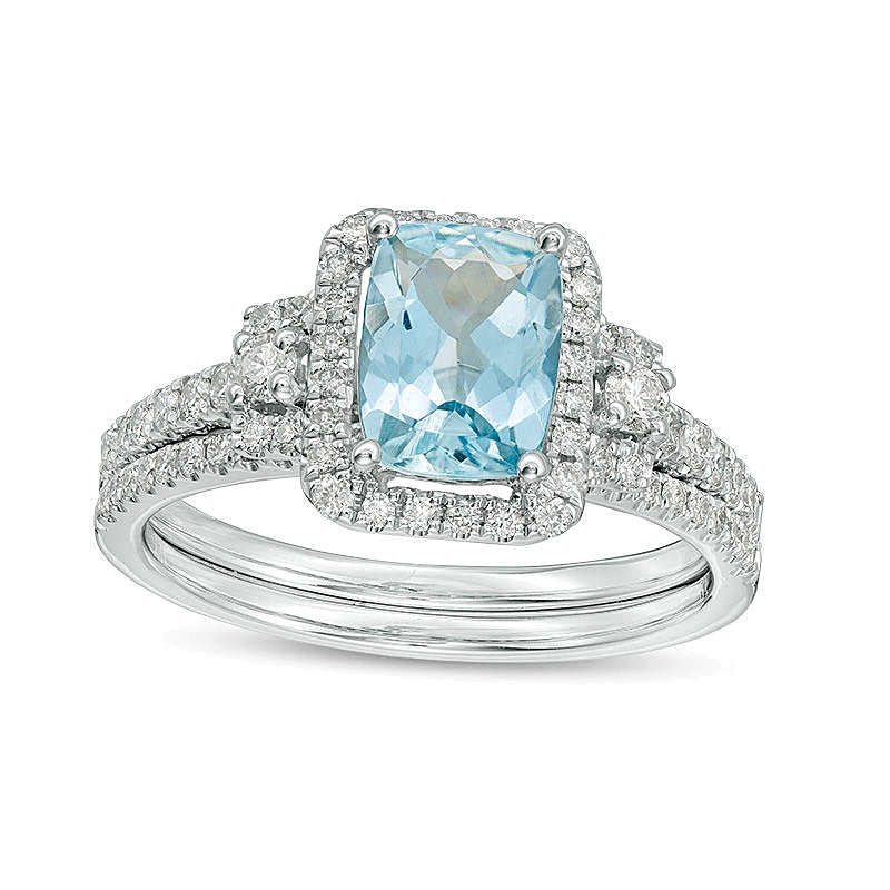 Braut-Set mit Aquamarin im Kissenschliff und 0.5 CT. TW Diamanten im Halo in 14K Weißgold