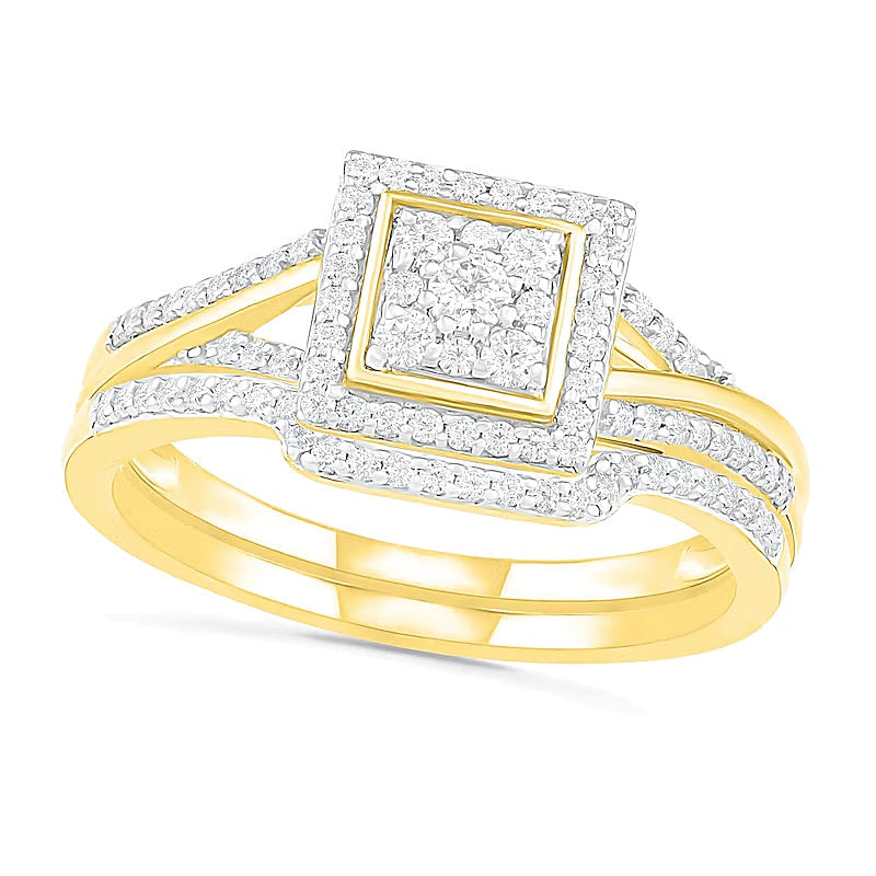 Komposit-Diamant Brautset mit quadratischem Rahmen und geteiltem Ringkopf 0,38 ct. Gesamtgewicht in 10K Gelbgold