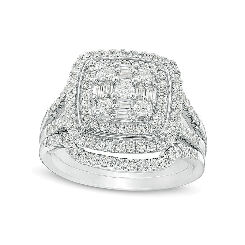 1.0 ct. Gesamtgewicht Multi-Diamant Braut-Set mit doppeltem Kissenschliff-Rahmen in 10K Weißgold