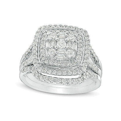 1.0 ct. Gesamtgewicht Multi-Diamant Braut-Set mit doppeltem Kissenschliff-Rahmen in 10K Weißgold