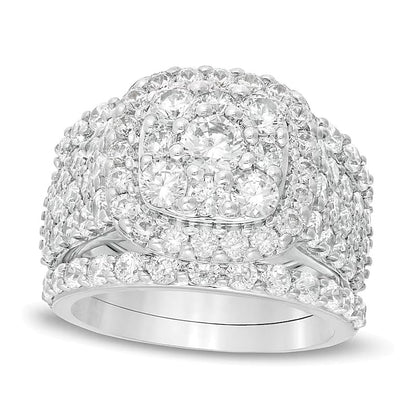 Brautset 3.75 ct. Gesamtgewicht Diamant mit doppeltem Kissenschliff-Rahmen, mehrreihig, dreiteilig, in 10K Weißgold
