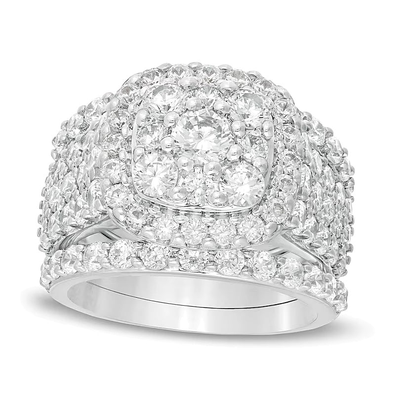 Brautset 3.75 ct. Gesamtgewicht Diamant mit doppeltem Kissenschliff-Rahmen, mehrreihig, dreiteilig, in 10K Weißgold