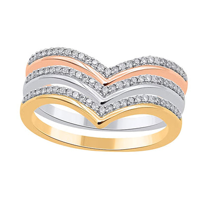 0.33 ct. Gesamtgewicht Diamant-Ring-Set 3-teilig stapelbar mit poliertem Rand und Chevron-Design aus Sterlingsilber, zweifarbig rhodiniert