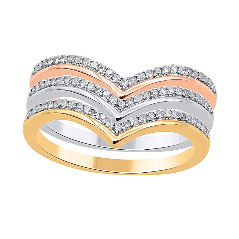 0.33 ct. Gesamtgewicht Diamant-Ring-Set 3-teilig stapelbar mit poliertem Rand und Chevron-Design aus Sterlingsilber, zweifarbig rhodiniert