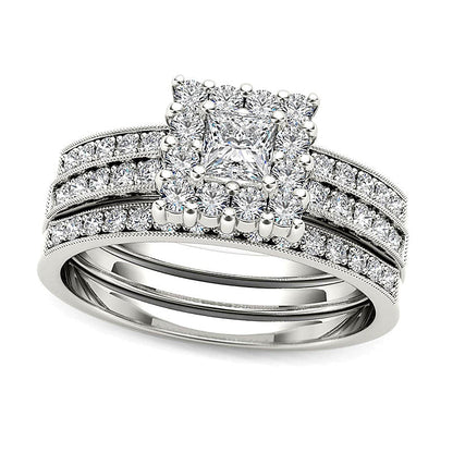 0,88 ct. Gesamtgewicht Brautset mit Diamanten im Princess- und Rundschliff in 14K Weißgold