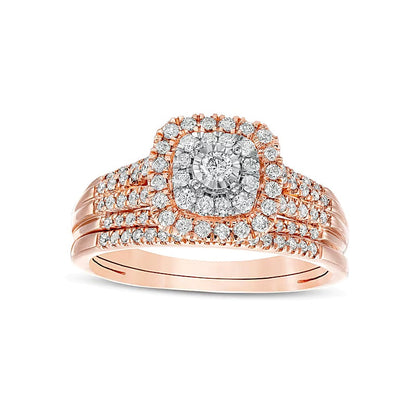Diamant-Brautset 0.5 CT. Gesamtgewicht mit doppeltem Halo im Kissenschliff, mehrreihig, in 10K Roségold