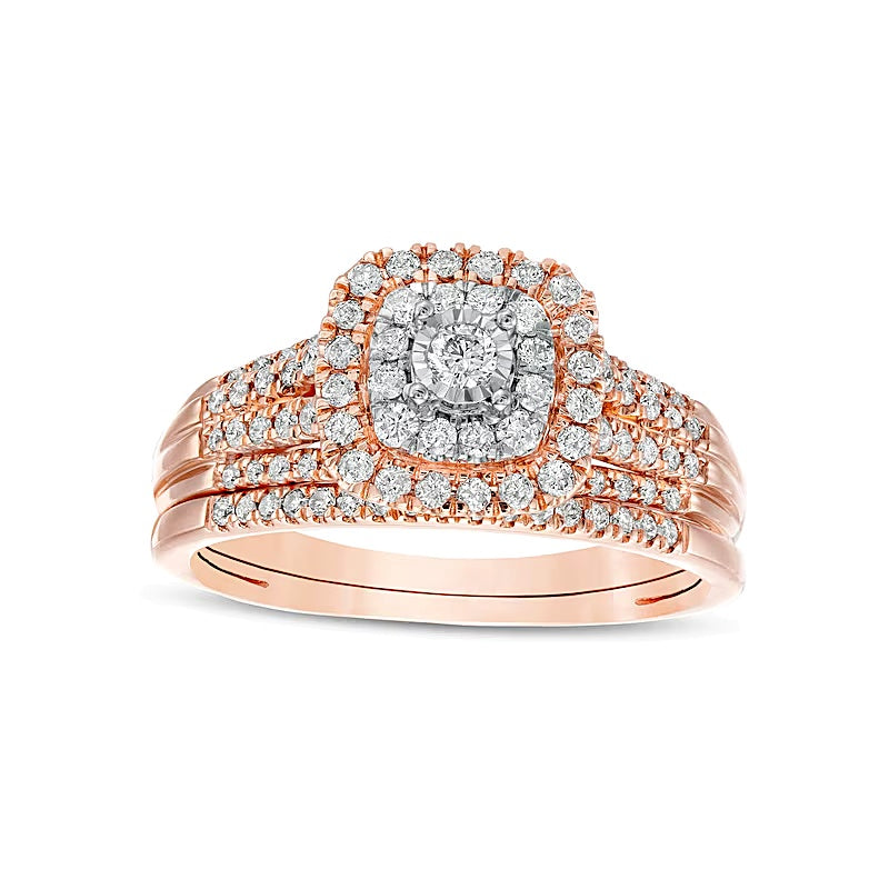 Diamant-Brautset 0.5 CT. Gesamtgewicht mit doppeltem Halo im Kissenschliff, mehrreihig, in 10K Roségold