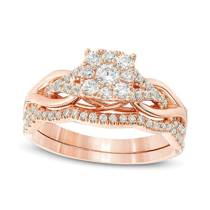 0,63 ct. Gesamtgewicht Diamant Braut-Set mit quadratischem Rahmen und Knoten-Schiene in 14K Roségold