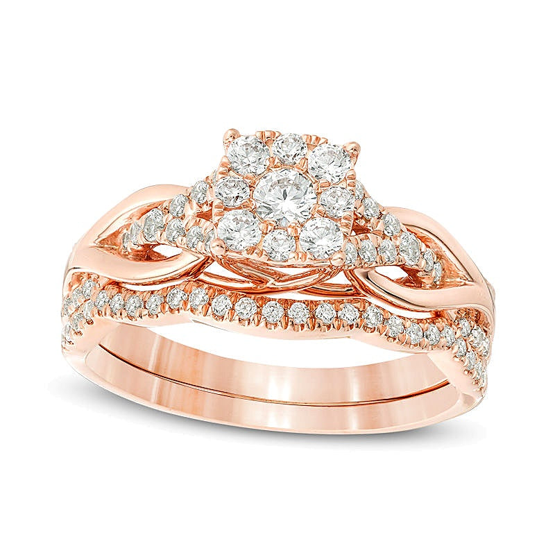 0,63 ct. Gesamtgewicht Diamant Braut-Set mit quadratischem Rahmen und Knoten-Schiene in 14K Roségold
