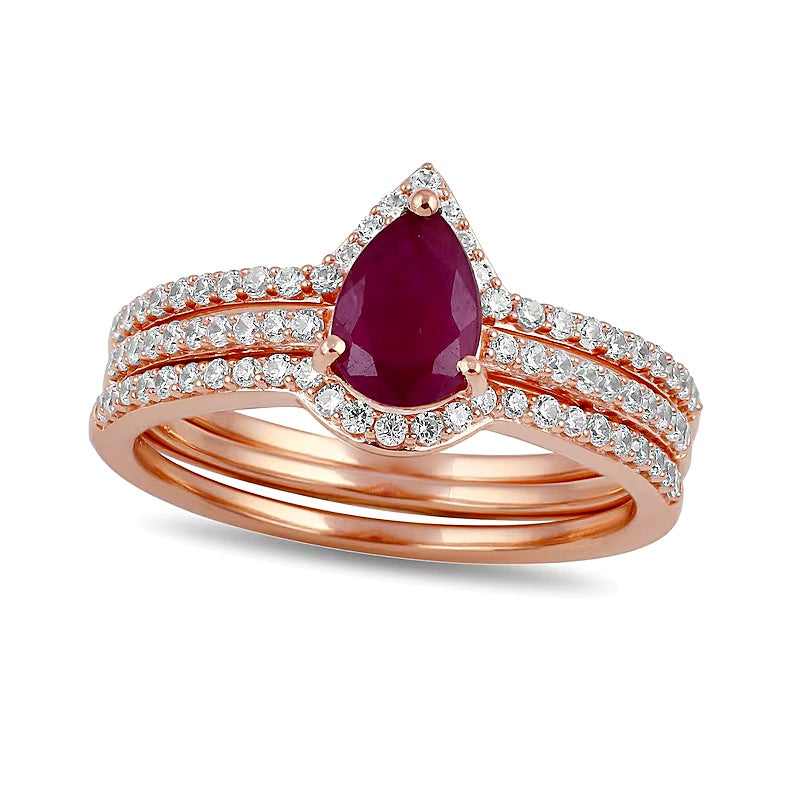 Braut-Set mit tropfenförmigem Rubin und 0,33 ct. Gesamtgewicht Diamanten in 10K Roségold