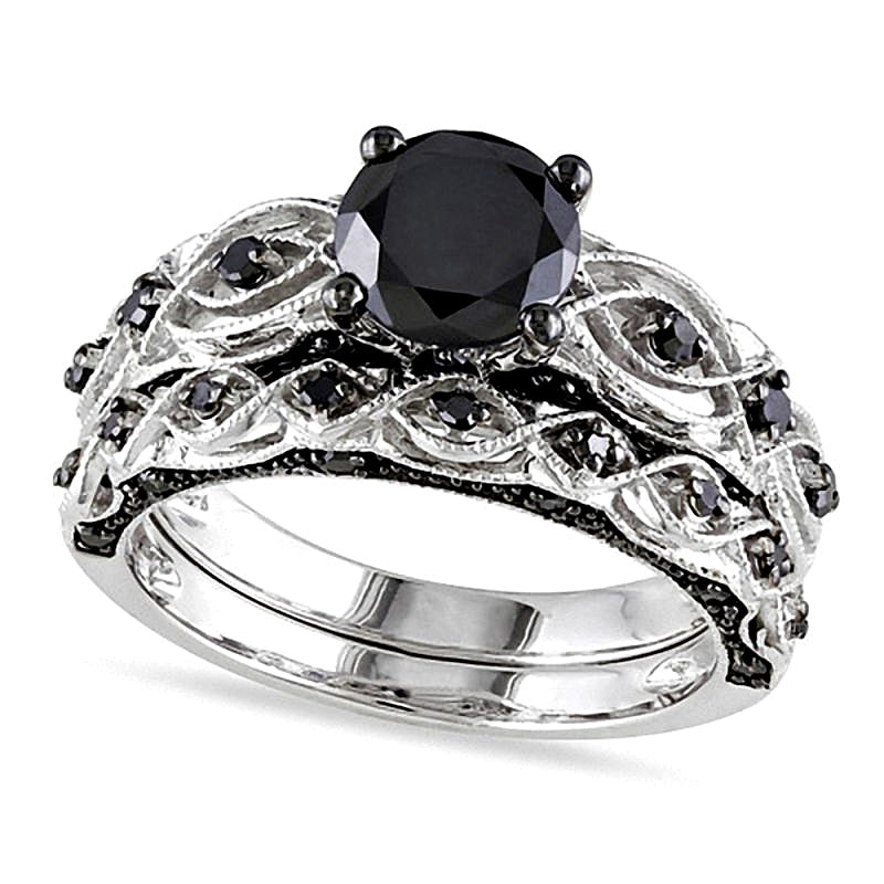1,38 ct. Gesamtgewicht Brautset mit schwarzen Diamanten im Vintage-Stil in 10K Weißgold