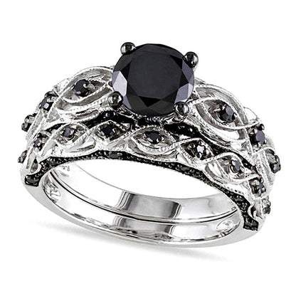 1,38 ct. Gesamtgewicht Brautset mit schwarzen Diamanten im Vintage-Stil in 10K Weißgold