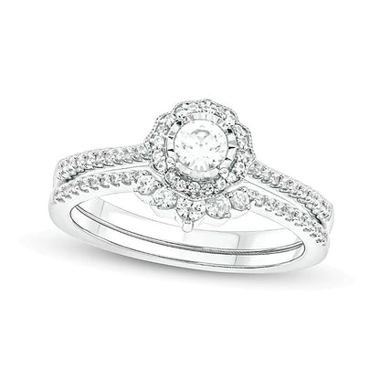 0,5 ct. Gesamtgewicht Diamant Brautset im Vintage-Blütenstil mit Rahmen in 10K Weißgold (I/I2)