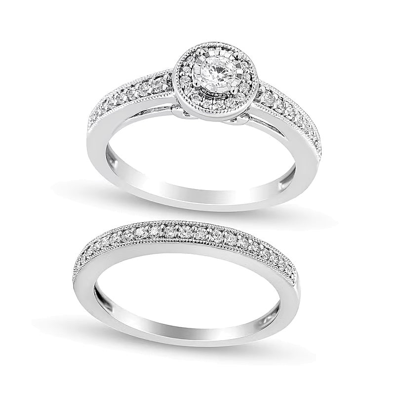 0.5 ct. Gesamtgewicht Diamant-Brautset in rhodiniertem Sterlingsilber (J/I3)